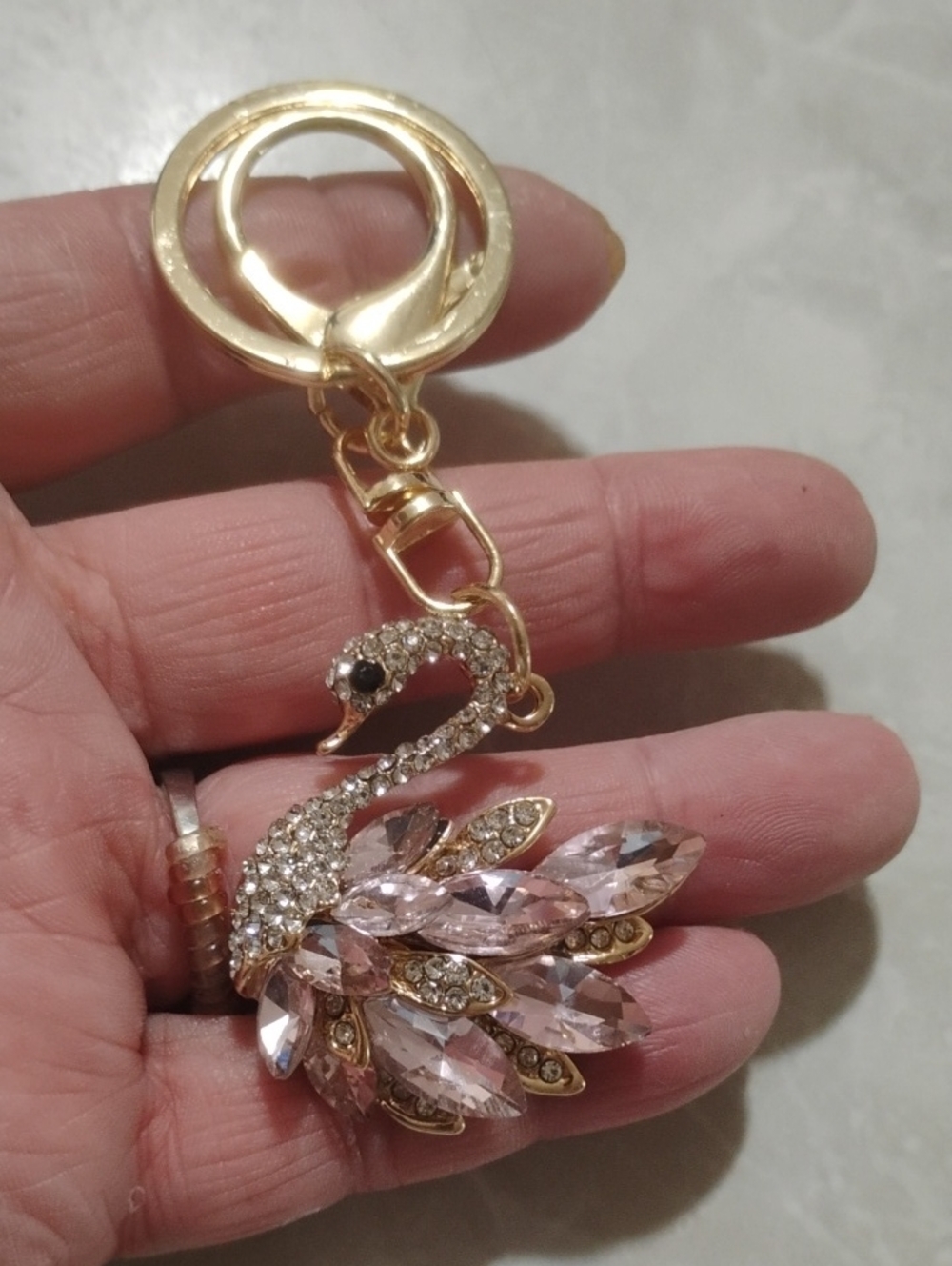 Crystal Swan Keychain Bag Charm - Pale Pink & Gold